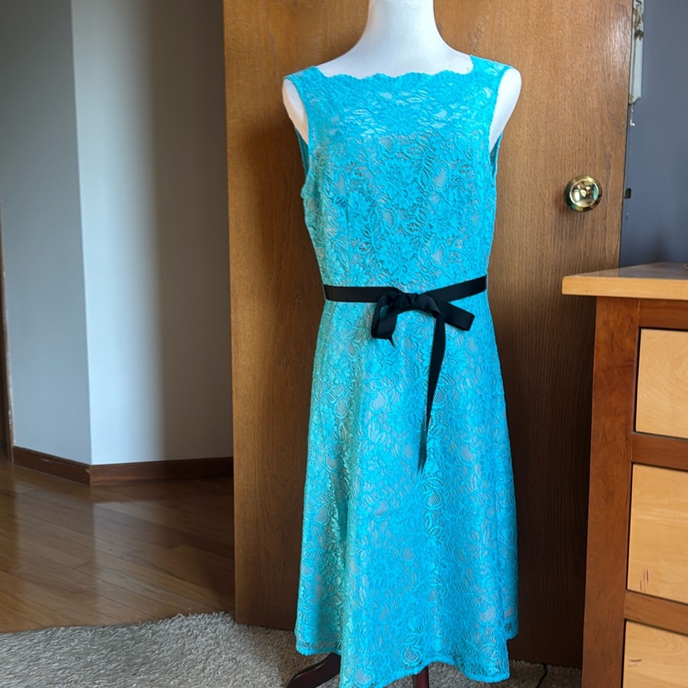 Calvin Klein Blue Lace Overlay Sleeveless Fit & Flare Black Belt Dress Size 12